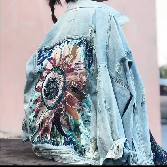 Denim bohemian sunflower flower floral embroidered embellished denim jacket coat - Picture 10 of 12